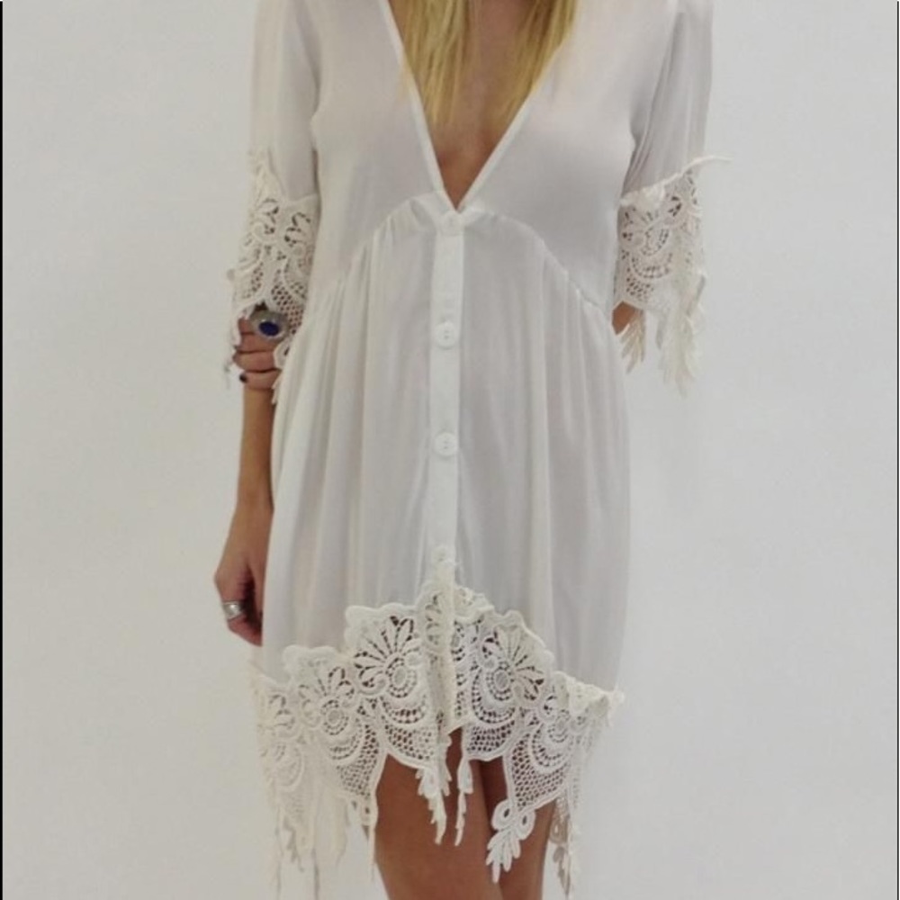 Stone Cold Fox Jade Mini Dress White Silk Embroidered Lace Babydoll Button RARE - Picture 8 of 14